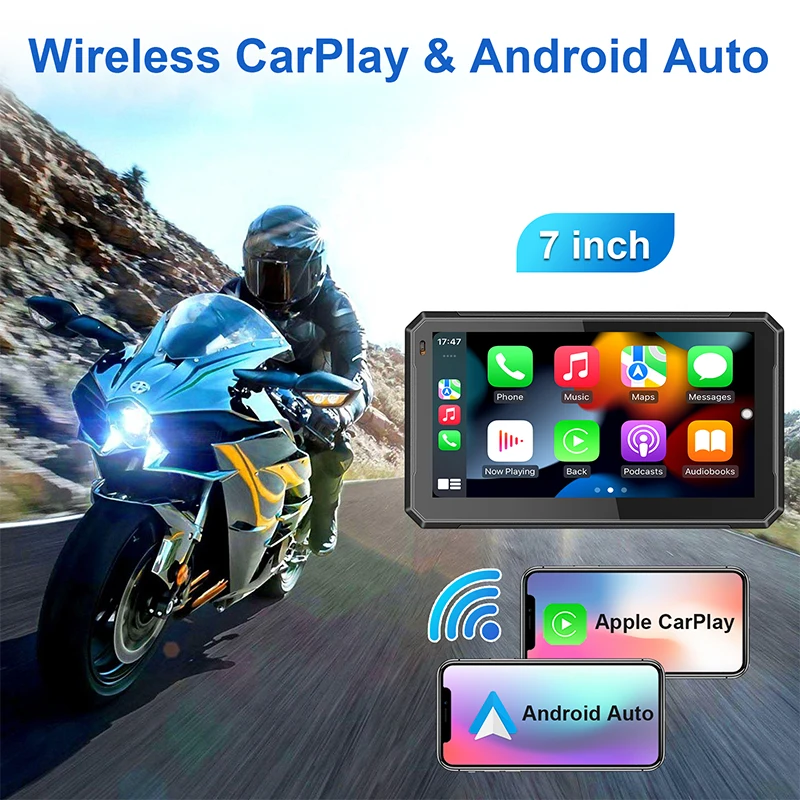 Portable 7 Inch Motorcycle Navigation GPS Wireless Apple Carplay Android Auto IPX7Waterproof Motorcycle BT Touch Screen Display