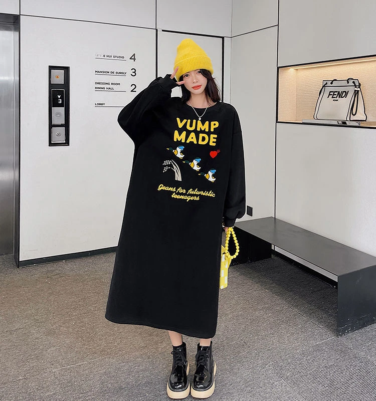 Winter Loose Fit Hoodie Dress Women's Trendy Oversized Korean Style Lazy Print New Long Sleeve round Neck H-Shape Dress