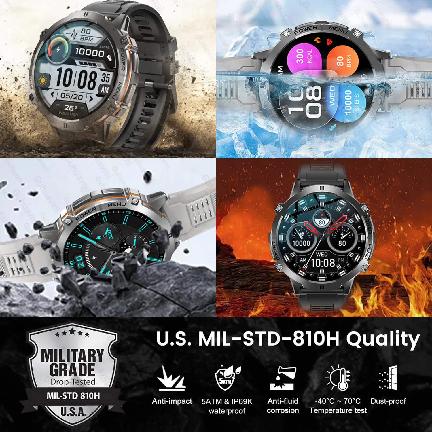 New Outdoor Military 1000mAh Battery Smart Watch Built in GPS Altimeter 10ATM Waterproof BT Call Men AMOLED HD Sports Smartwatch