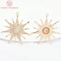 (7834)1 Piece  34.5x36.5MM 24K Gold Color Brass with Zircon Sun Flowers Pendants High Quality DIY Jewelry Making Accessories