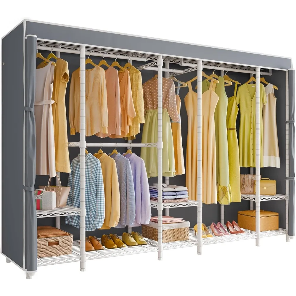 US Extra Large Coverd Clothes Rack, White Portable Closet Rack with Grey Cover, Multi-Functional Freestanding Wardrobe