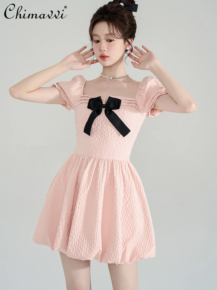 

French Sweet Pink Detachable Bow Tie Square Collar Puff Sleeve High Waist A-line Slim Fit Bud Princess Short Dress Women Summer