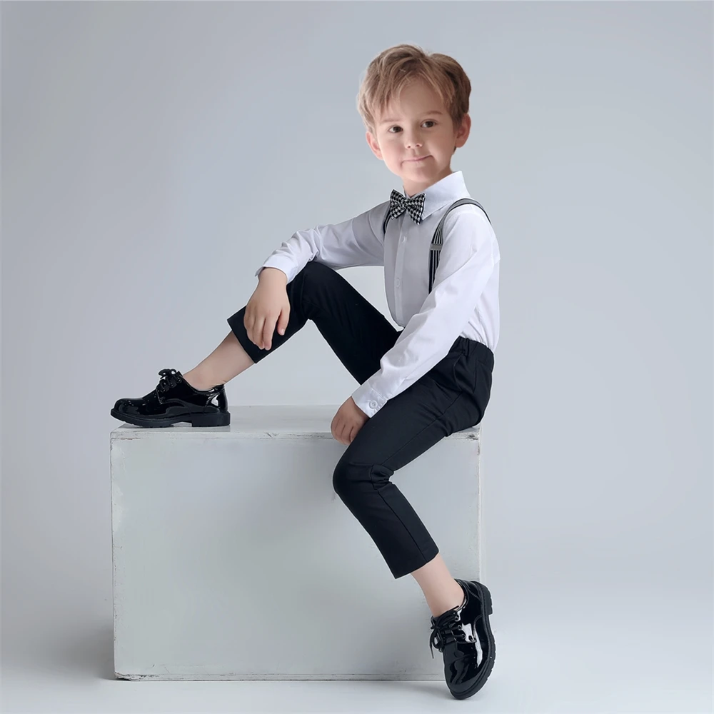 Txjojn New Casual Kids Suit Set 4 Pieces Shirt Pants Straps Bow-tie For Choir Performances Elegant Boys Suits Wedding Party