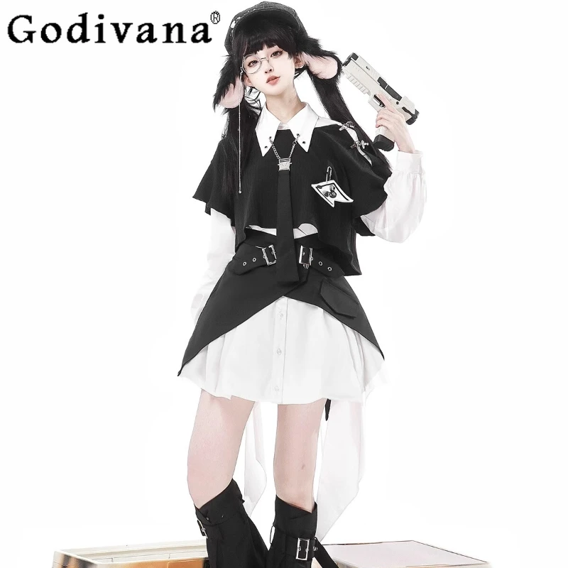 

Women Subculture Cosplay Suit Japanese Sweet Cool Girl Halloween Set Ladies Cute Crop Tops T-shirt White Shirt Party Dress
