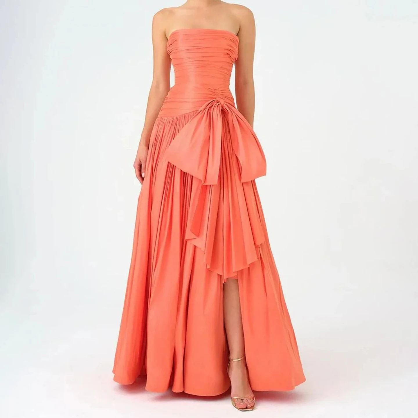 

Элегантное вечернее платье без бретелек с бантом, плиссированное вечернее платье трапециевидной формы с высоким разрезом, вечернее платье для выпускного вечера для свадебного платья для гостей