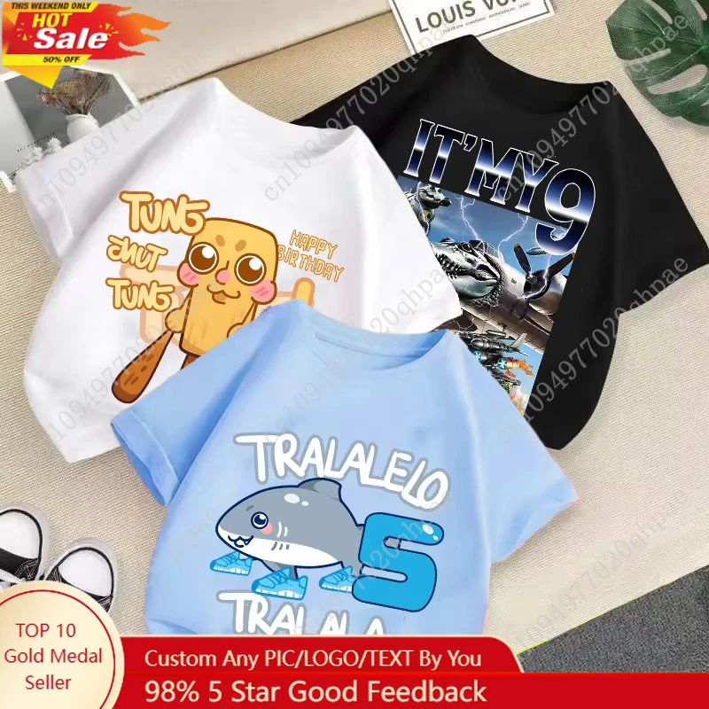 

Brainrot 2025 Baby Tee Summer Birthday T-shirt Short Sleeve Casual Digital Child Tralalero Tralalas Number Cotton Anime Tops