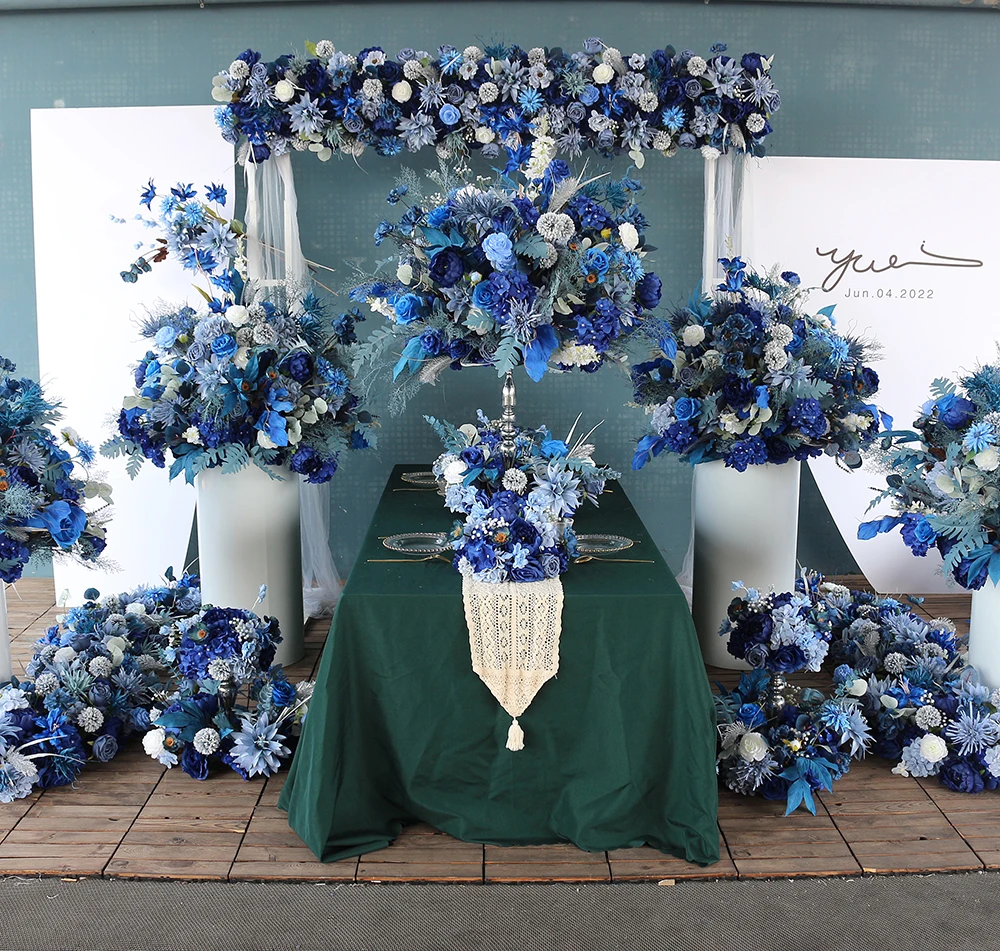 JAROWN Blue Flowers Row Table Centerpiece Artificial Silk Rose Flower Ball for Wedding Events Party Backdrop Arrangement Props