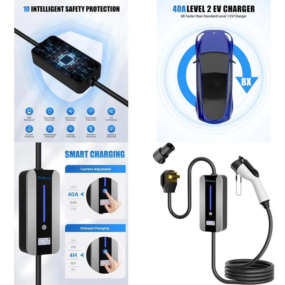 

Зарядное устройство для электромобилей уровня 2 (240 В, 40 А) для электромобилей Tesla и SAE-J1772, зарядный кабель длиной 16,4 фута, вилка NEMA 14-50, адаптер SAE-J1772 и J1772