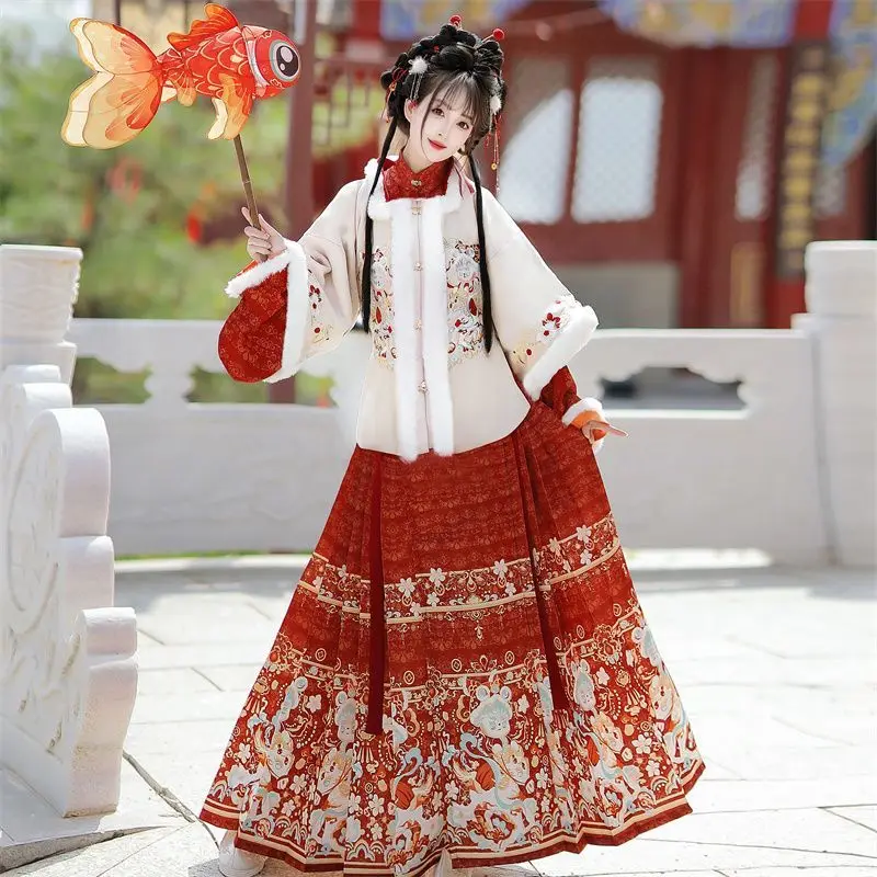 Original Ming-style New Year Greeting Hanfu for Women with Embroidered Armrests and Horse Face Skirts Winter Style Individuality