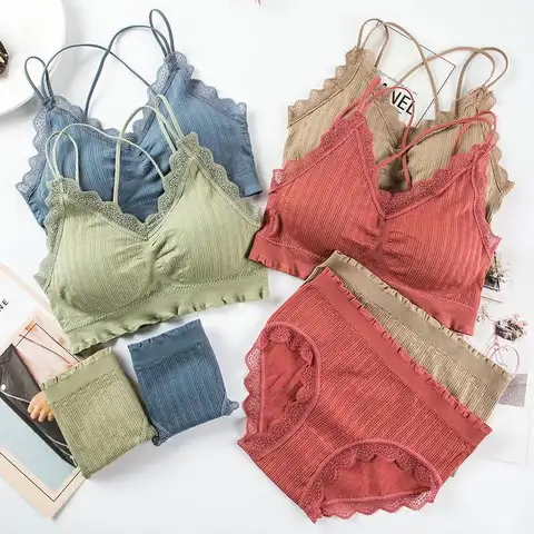 섹시한 원활한 탑 세트 높은 허리 팬티 여성 무선 속옷 정장 소프트 패딩 브래지어 세트 Backless Bralette 란제리