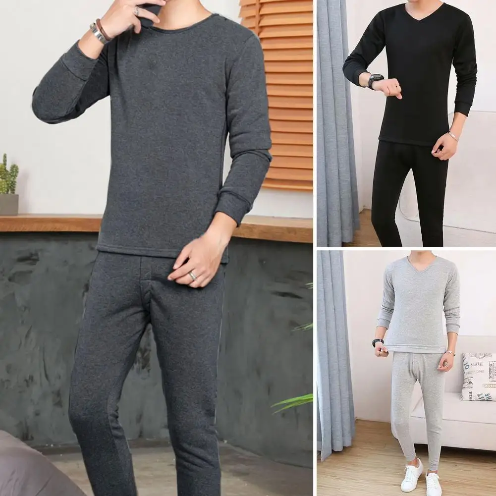 2 Pcs/Set Winter Men Thermal Underwear Set Round Neck Long Sleeve Warm Thick Plush Plus Size Slim Pajamas Set Homewear Clothing