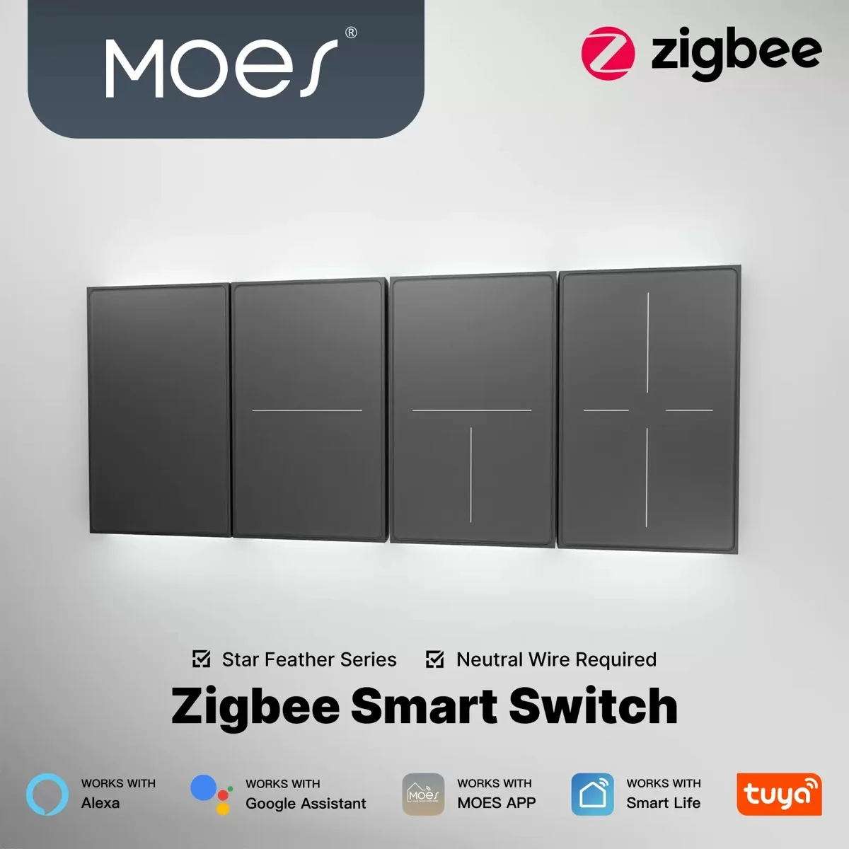 MOES Tuya Star Feather Design Smart Touch Switch US Zigbee Neutral Wire Required Timer Indicator Light Mode APP Remote Control