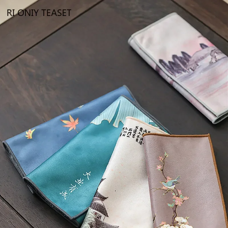 Boutique Painted Landscape Pattern Tea Towel Plush Absorbent Water Rag Thickened Tea Napkins Cloth Chinese Tea Set Accessories