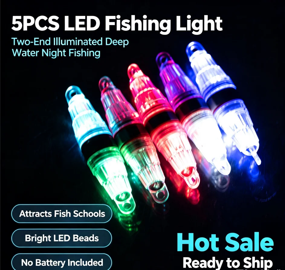 5pcs Waterproof LED Deep Drop Fishing Lights (No Battery) - Double-end Illuminated Fish Attracting Lamps for Night Sea Fishing