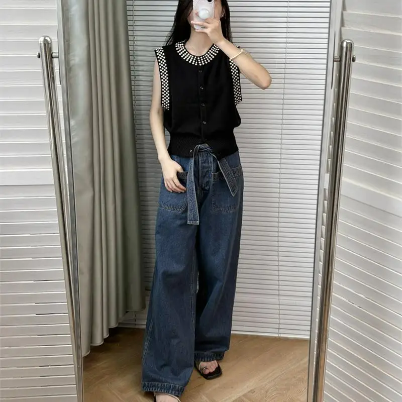 

Summer 2025 Faion V-Ne round Ne Svel Knitted Single Button Cardigan Vest Women's Commute Sle Color Stiy...