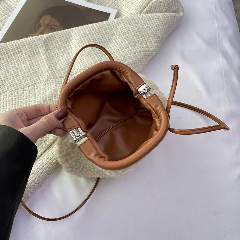 Luxury Lamb Woolen Handbag Purse Clutches Women Bag 2023 Winter New Mini Small Crossbody Phone Bag Lady Warm Plush Bag Hobos