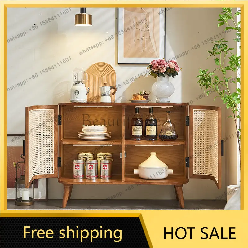 LD rattan double door solid wood retro living room dining side cabinet rattan locker wabi sandy wind