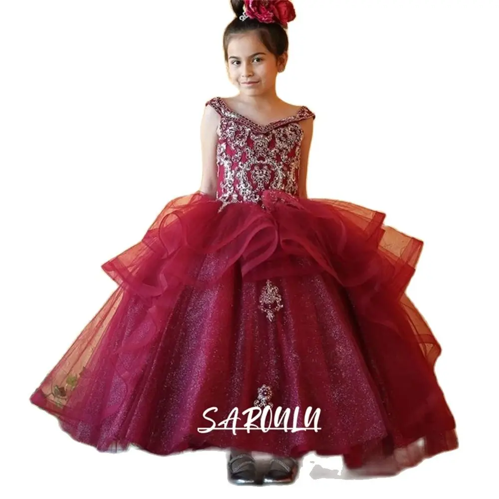 Vestido formal de miçangas para crianças, vestido de baile de tule com glitter, mangas de princesa, vestidos de menina de flor, vestidos de festa de casamento