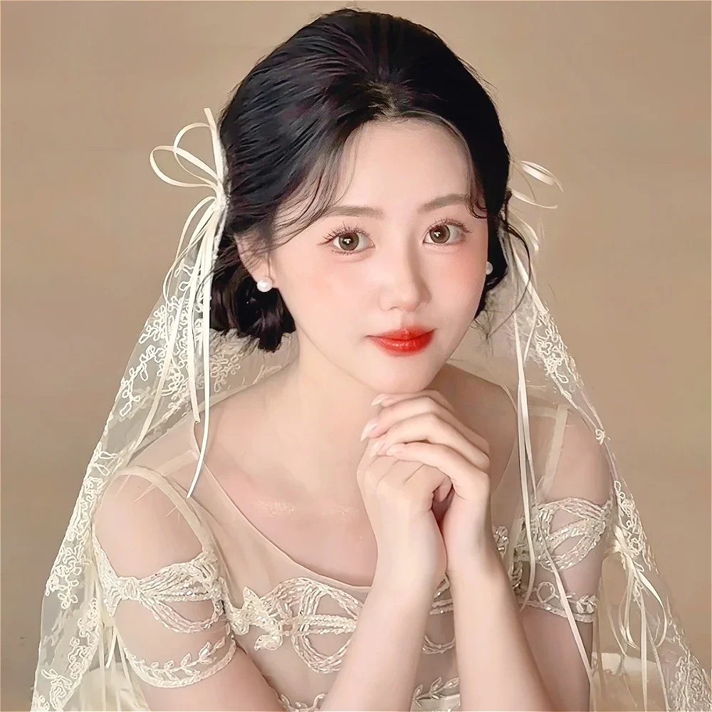 Elegant Shoulder Length Veil with Lace Edge Wedding Veils Soft Tulle with Ribbon Bow Bridal Veil Wedding Props Marriage Party