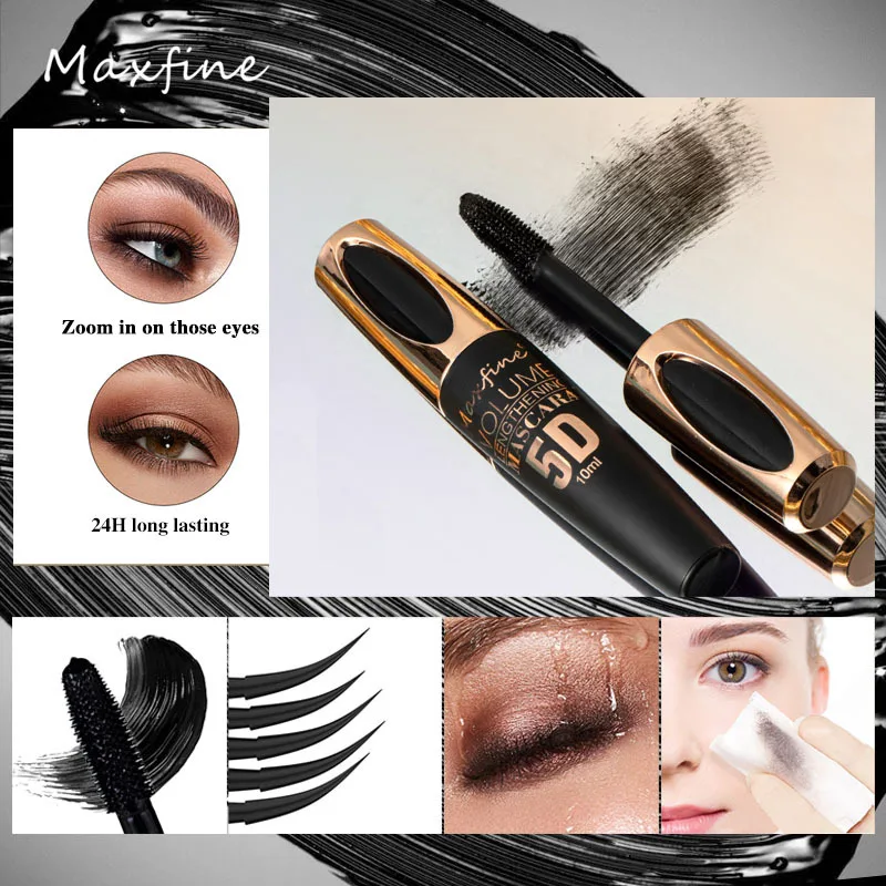 5D Mascara Waterproof Sweatproof Non Smudging Creates Dense Long Lashes With Silicone Brush Head For Base Laying