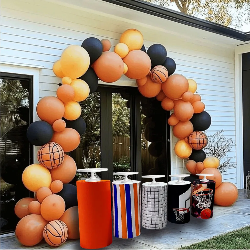 1set (5 Pcs) Cylinder Covers Basketball Sport Theme Stretchy Pedestal Cover for Birthday Party Baby Shower Tablecloth Decor Prop