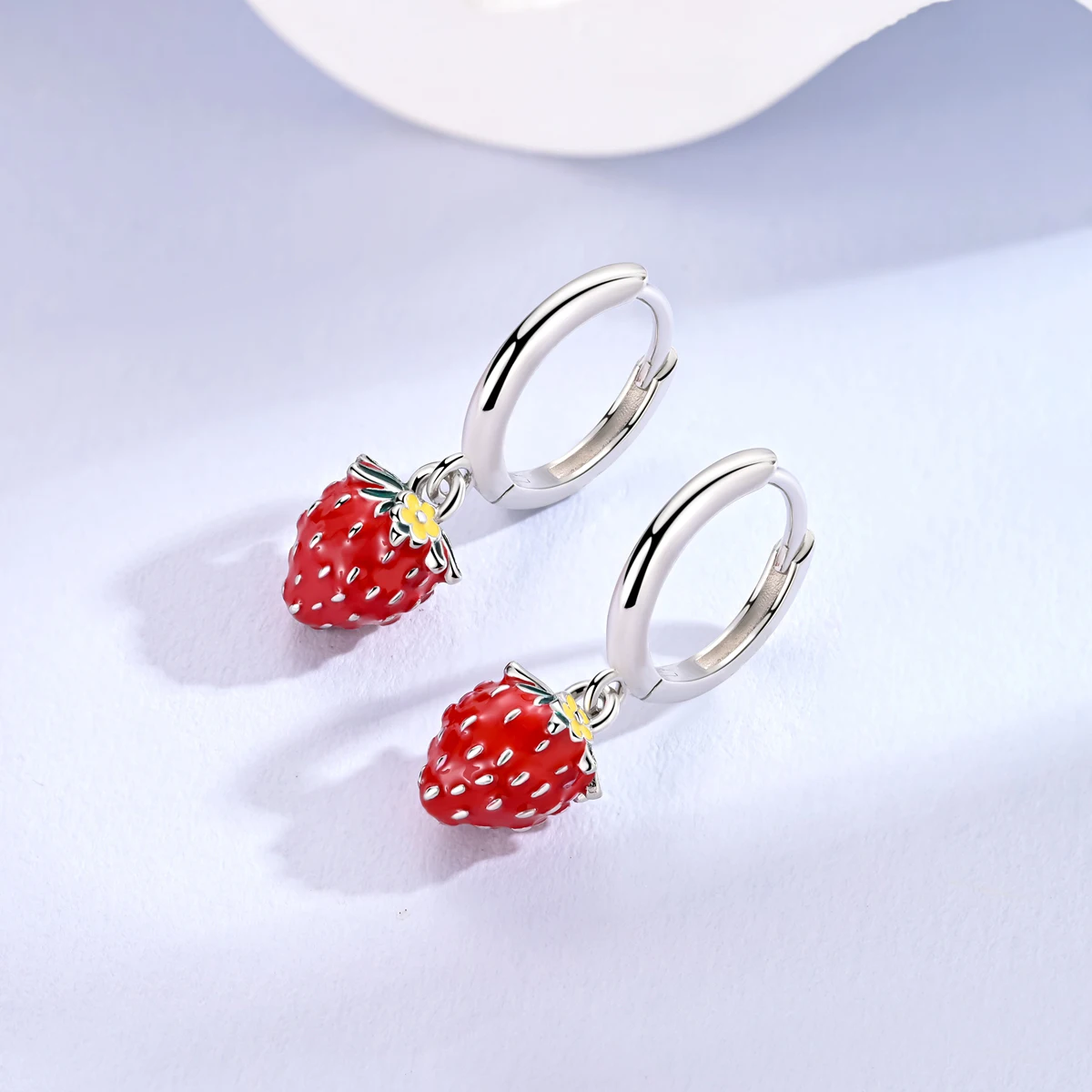 925 Sterling Silver Red Enamel Strawberry Dangle Earrings Cute Fruit CZ Hoop for Women Daily Wear Jewelry Making