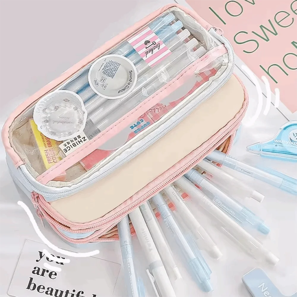 New Color-Block Pen Bag Multi-Compartment Large Capacity Pencil Case with Zipper Transparent Pocket Multi-layer Pen Pouch Girl