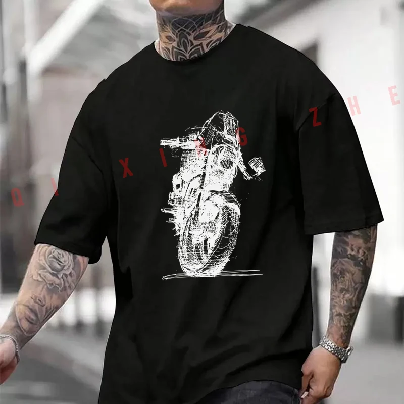 

Creative Motorcycle Sketch T-Shirt Moto Cotton Cute Men Clothes Plain Summer Casual Short Sleeve Round Neck T Shirts