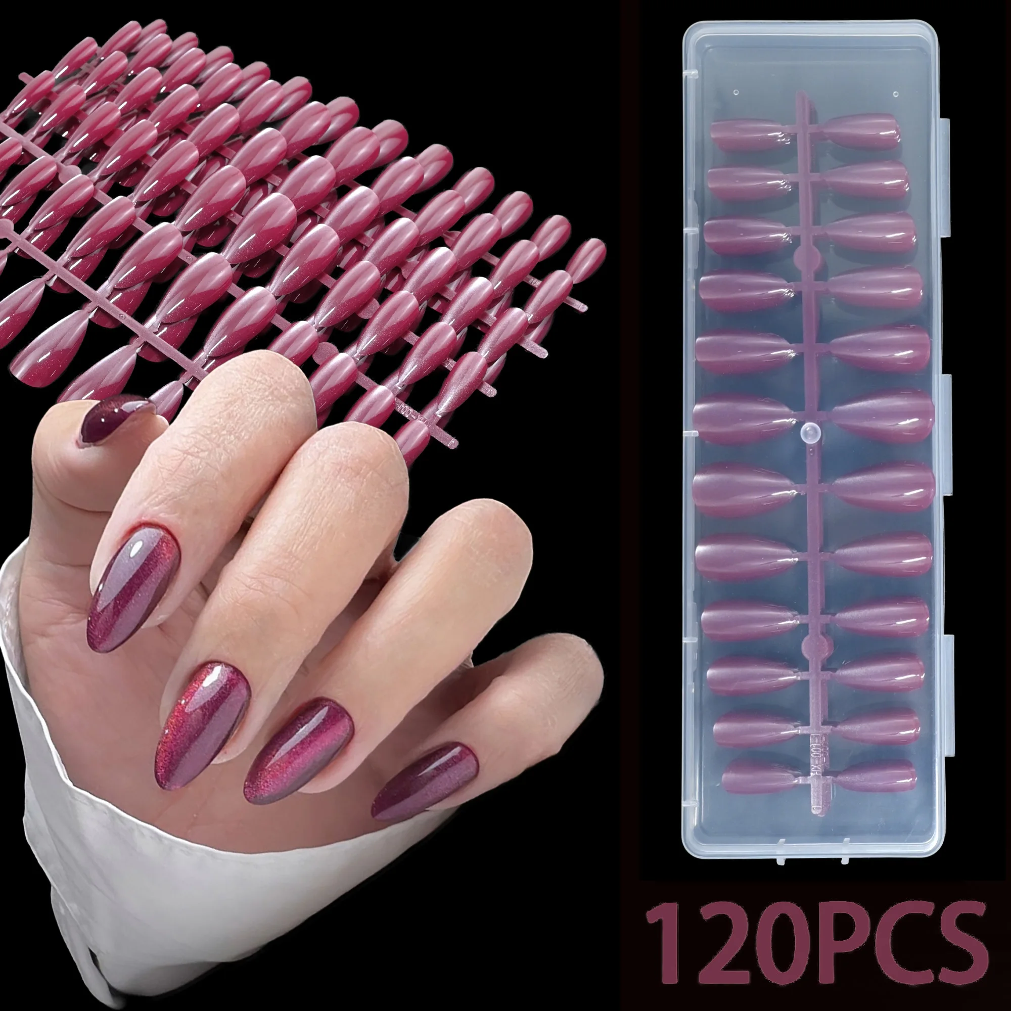 120 Uñas Postizas de Longitud Media en Color Magenta Almendrado con Efecto Ojo de Gato y Brillo, Textura Brillante, Diseño Desmontable, Mejora Fácilmente tu Estilo de Uñas