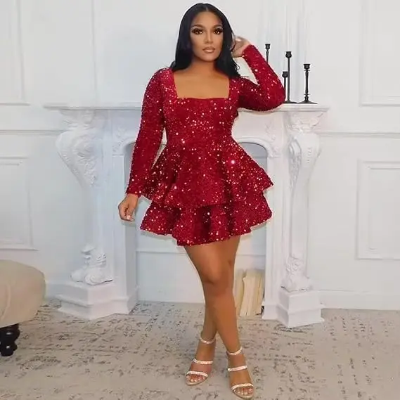 Abito da ritorno a scuola per adolescenti a maniche lunghe lucido 2026 Abito da cocktail da ballo di compleanno con paillettes a strati, abito da sera corto