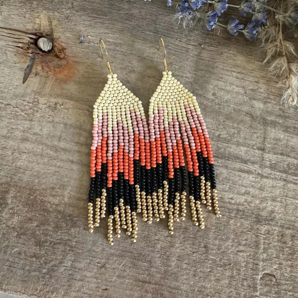 Beaded earrings Tassel Bohemia Alloy Geometry female Trend Hand-woven Jane Gradient color Pattern Rice bead earrings
