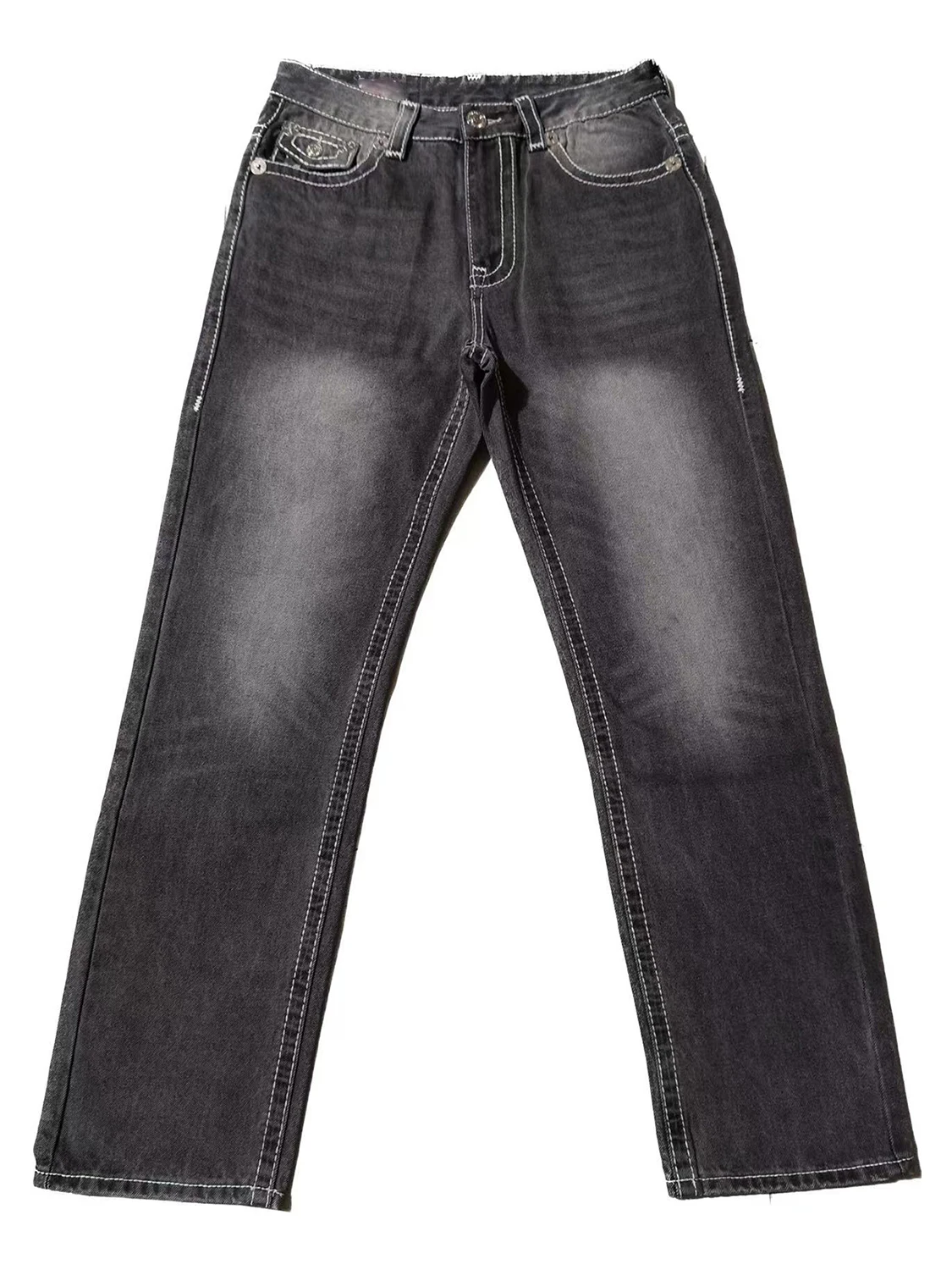 Trendy Religous Buddha Loose Straight Leg Men's Jeans Worn in Cotton Workwear Trousers with Destructed Detail mid Waist Zippe...
