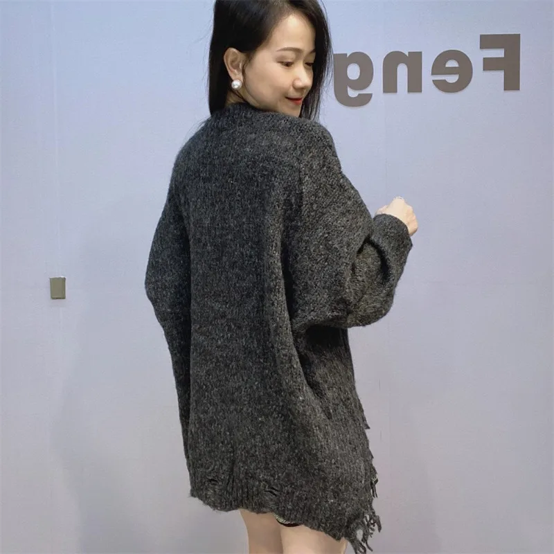 Hip Hop Winter Vintage Crew Neck Knitted Sweater New European Style Beautiful Cartoon Ripped Loose Mohair Knitwear Top For Women