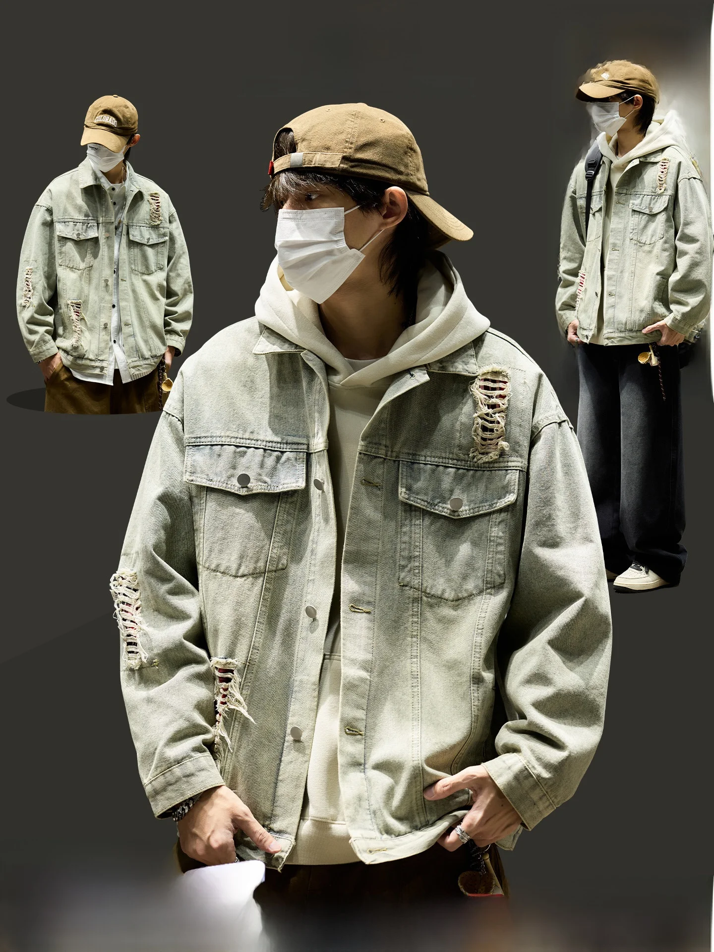 

Retro Waed Men's Denim Jaet Tear Workwear Jaet Spring Autumn Trendy Brand Haome Men's Clothing Casual Upper Apparel