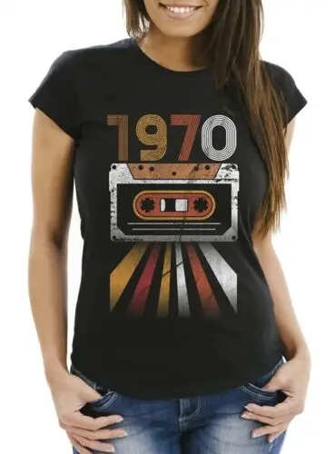 Damen T- Shirt Geburtstag, Retro Aufdruck Kassette Geburtsjahr 1970 bis 1979