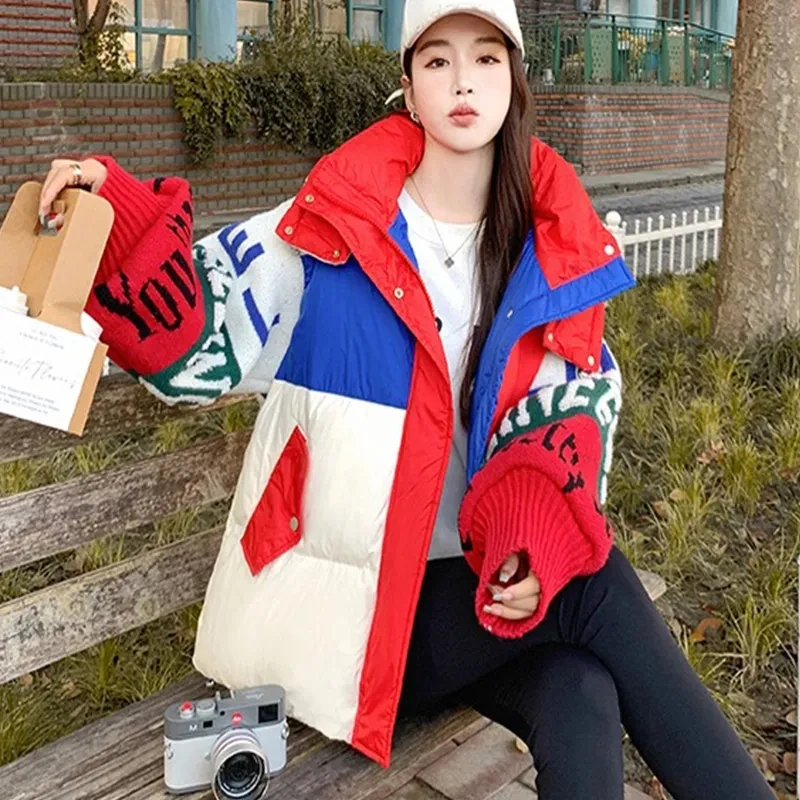 Knitted Sleeve Stitching Down Cotton-Padded Coat Women\'s Outwear Winter New Contrast Color Letter Loose Hooded Thicke Warm Parka