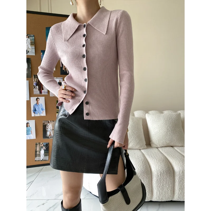 French Slim Polo Lapel Bottoming Sweater Coat Women Autumn Long Sleeve Joker Simple Beige Black Female Sweater Cardigan