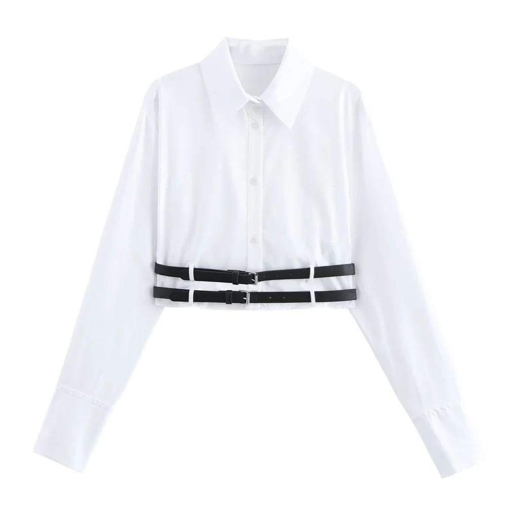 PB&ZA2024 Autumn New Women\'s Fashion Style Commuter Versatile Collar Simple Double Belt Decorative Shirt