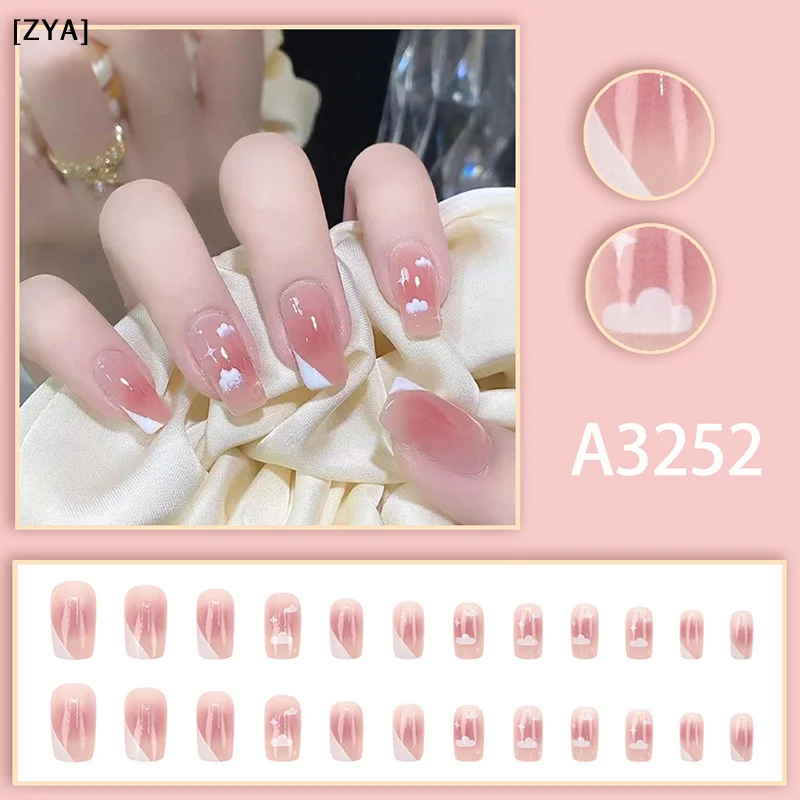 24Pcs French Cloud  Short Square Head Press On False Nails With Jelly Adhesive Glitter Design Detachable Fake Fingernails[ZYA]