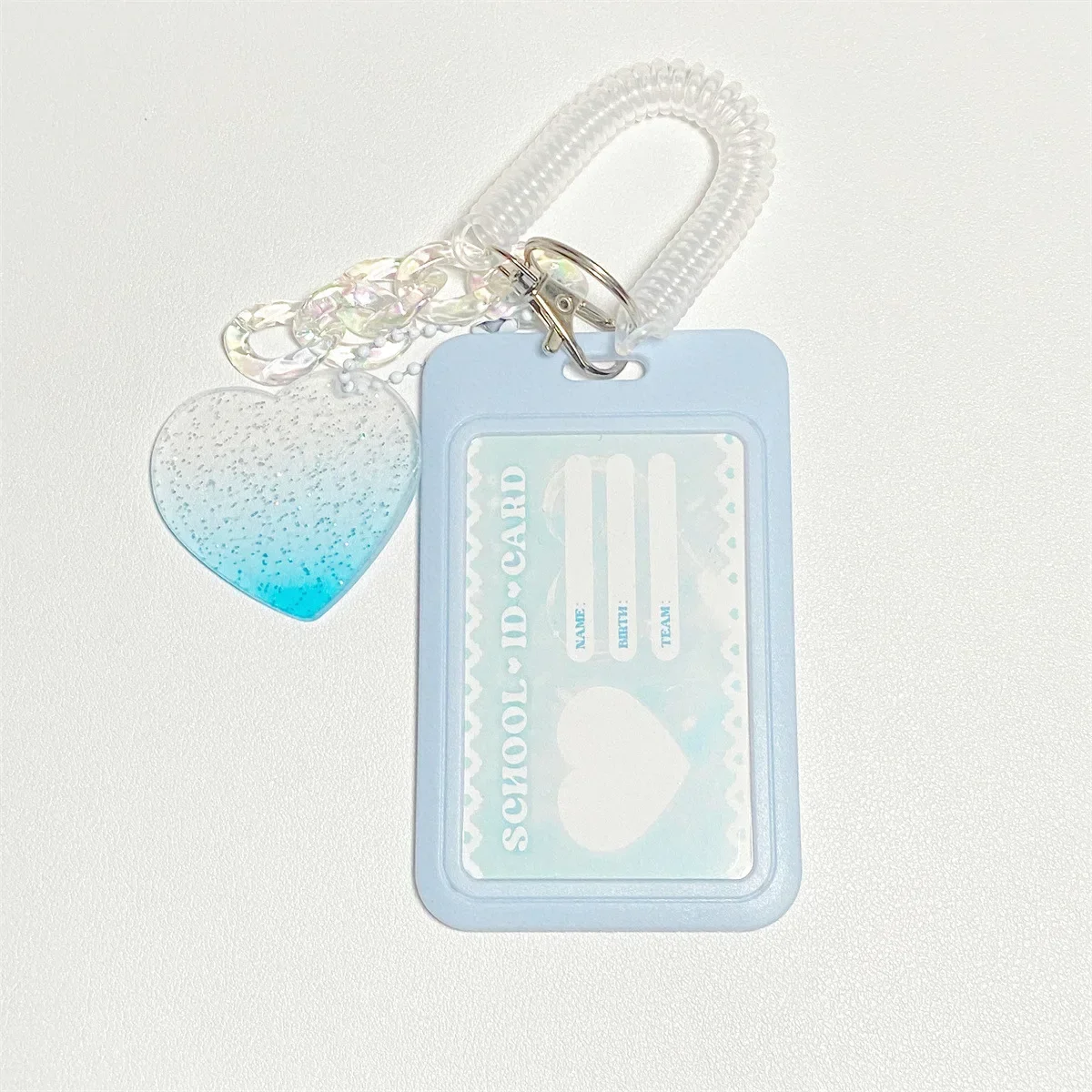 Girls Cute Id Credit Card Holder with Love Pendant Kawaii Badge Holder Card Cover Student Bus Card Case Sleeve with Spring Rope