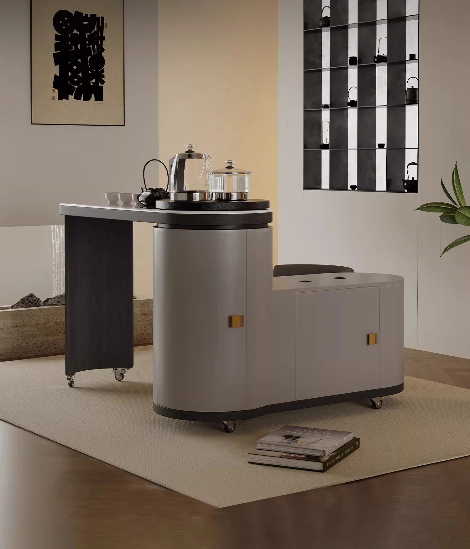 

Italian minimalist marble movable tea table Kettle integrated with stool Household living room Balcony Tea table Tea table