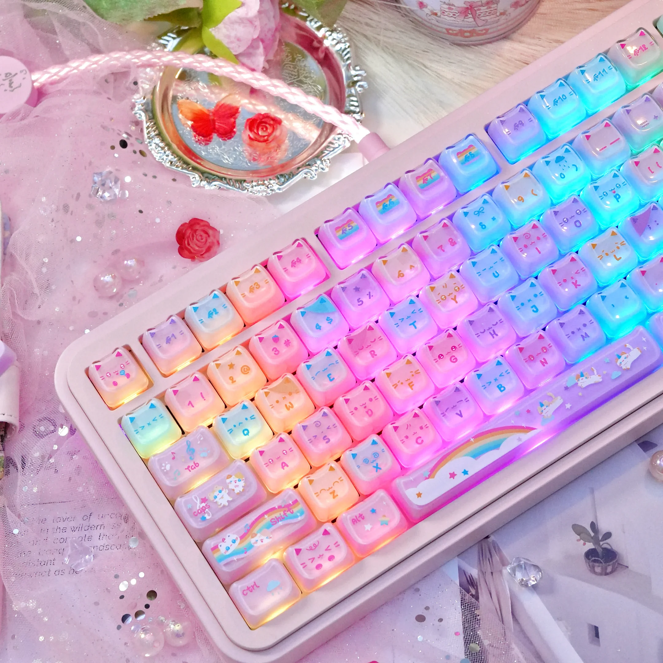 

MAIMOOO Rainbow Cat Jelly Keycap MAO Profile Cute Kitten PC Translucent Crystal Keycaps for Mechanical Keyboard Girls Gifts