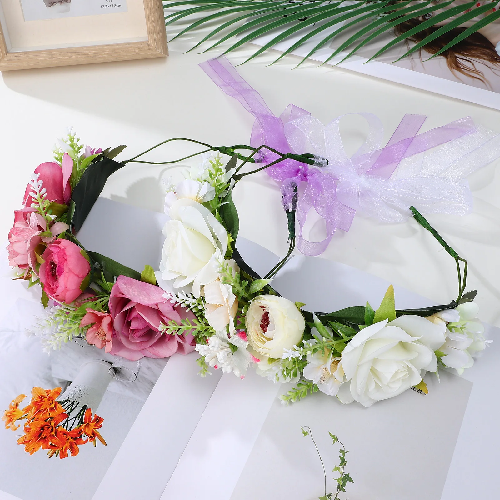 

2Pcs Flower Crown Hairband Handmade Rose Headband Party Wedding Bridal Floral Crown Accessories Flower Headbands for Women