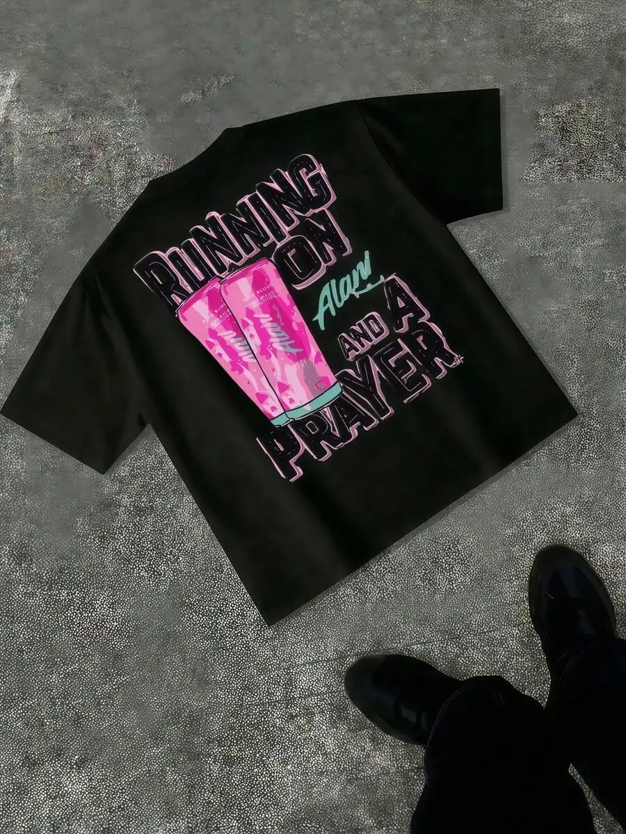 Running On Energy Drink And A Prayer Printed T-Shirt, Y2K Beverage Can Graphic Short Sleeve Tee