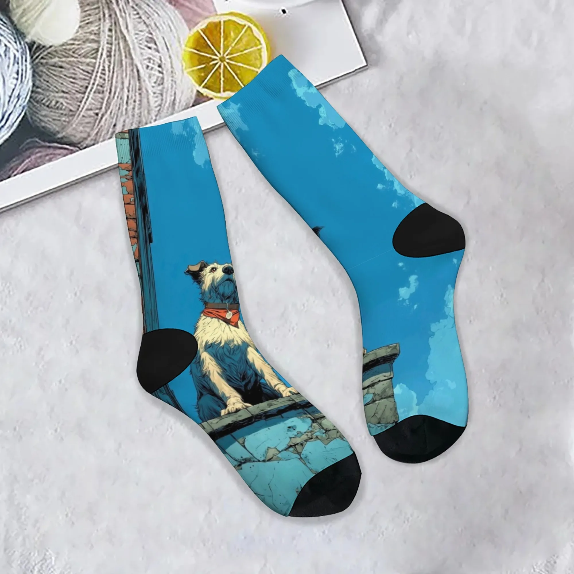Niedliche Cartoon-Hunde-Crew-Socken, frische blaue Himmel-Illustration, bezaubernde Socken mit Haustiermotiv für Männer und Frauen, einzigartiges Geschenk für Hundeliebhaber