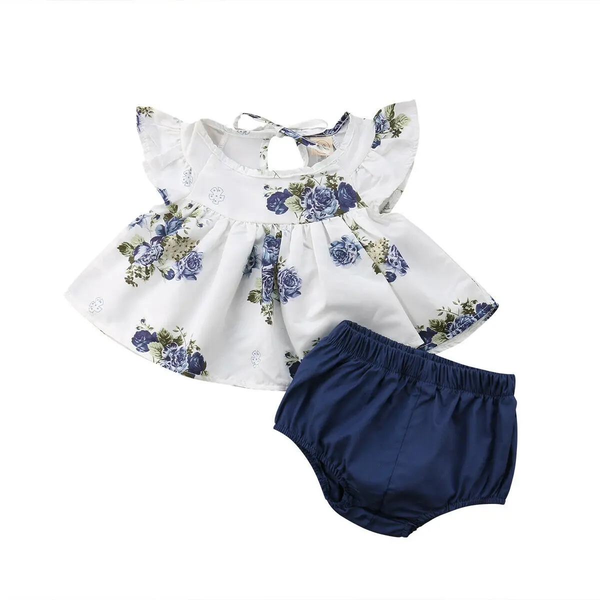 

2 Pcs Set Infant Baby Girls Clothing Flying Sleeves Floral Tops Dress Short Bloomers