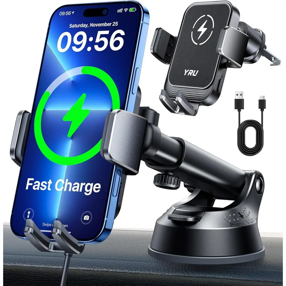 

Беспроводное автомобильное крепление, держатель для телефона с автоматическим зажимом и зарядкой 15 Вт, прочный держатель на вентиляционное отверстие для iPhone 17 16 15 Pro Max, черный