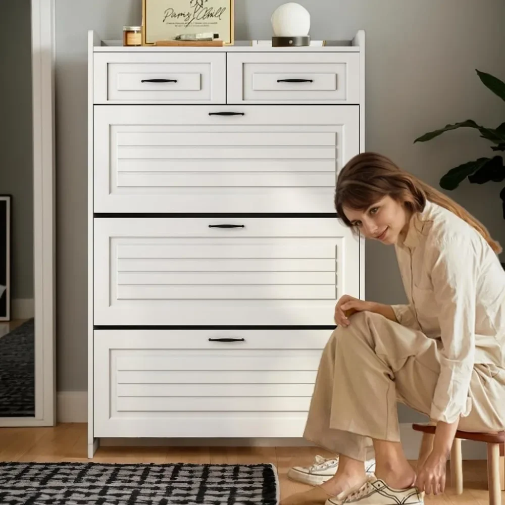 خزانة أحذية ضيقة متعددة الوظائف مع 3 أبواب ودرجين، تستوعب أحذية مختلفة، مناسبة للمدخل والممرات