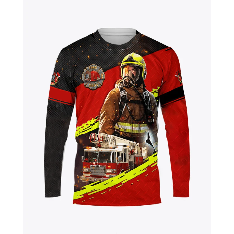 Firefighter Graphic Printed Autumn Men's O-Neck T-shirt Casual Long Sleeve Oversized Pullover Fashion Streetwear Men Clothing