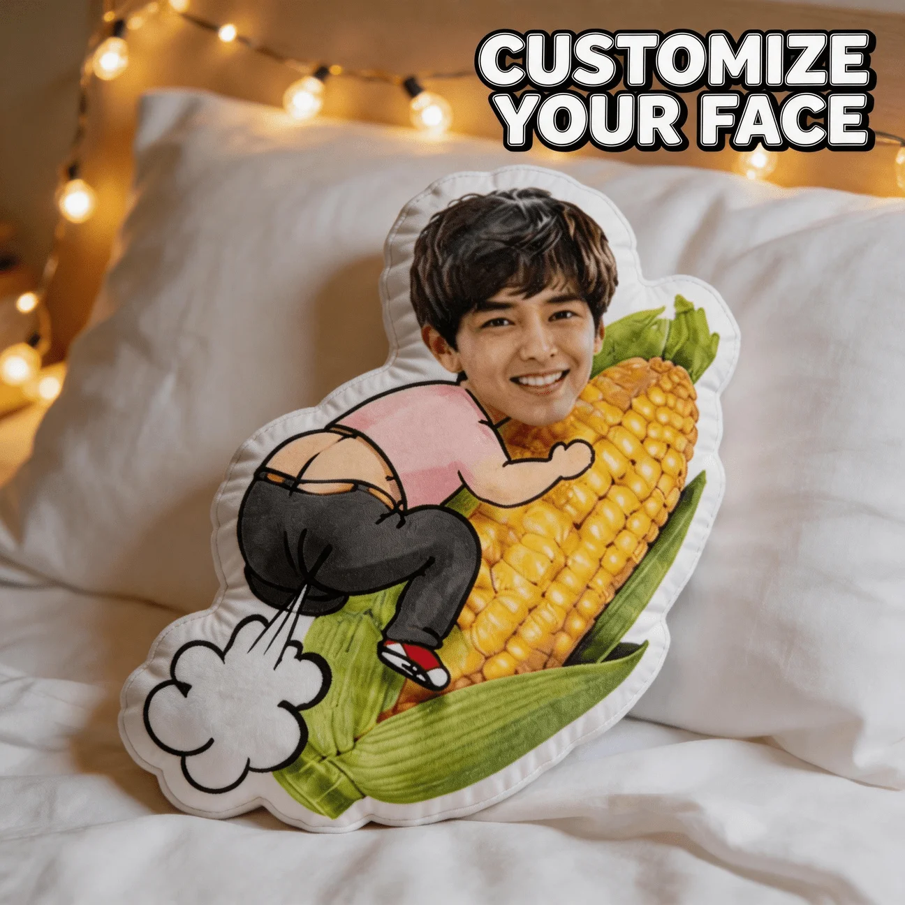 Custom Funny Photo Shaped Pillow, Novelty for Man Hugging Corn Illustration Decorative Cushion, Unique Humor Home Decor Accent f